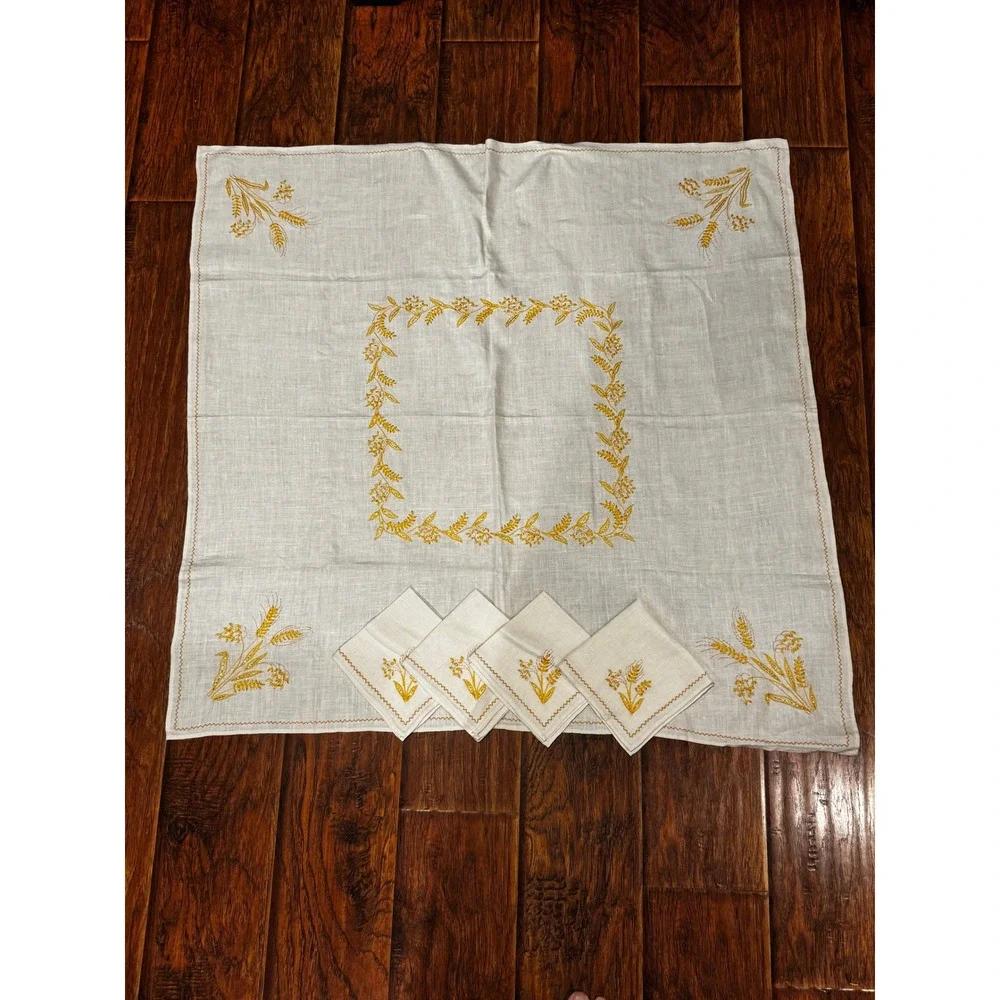 Vintage Linen Tablecloth & 4 Napkins Gold Floral Wheat Embroidered 37x38 Set 70s